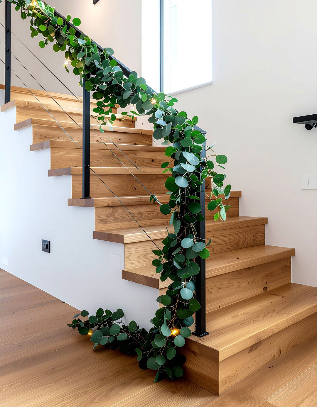 Eucalyptus staircase railing garland - 30 eucalyptus decor ideas