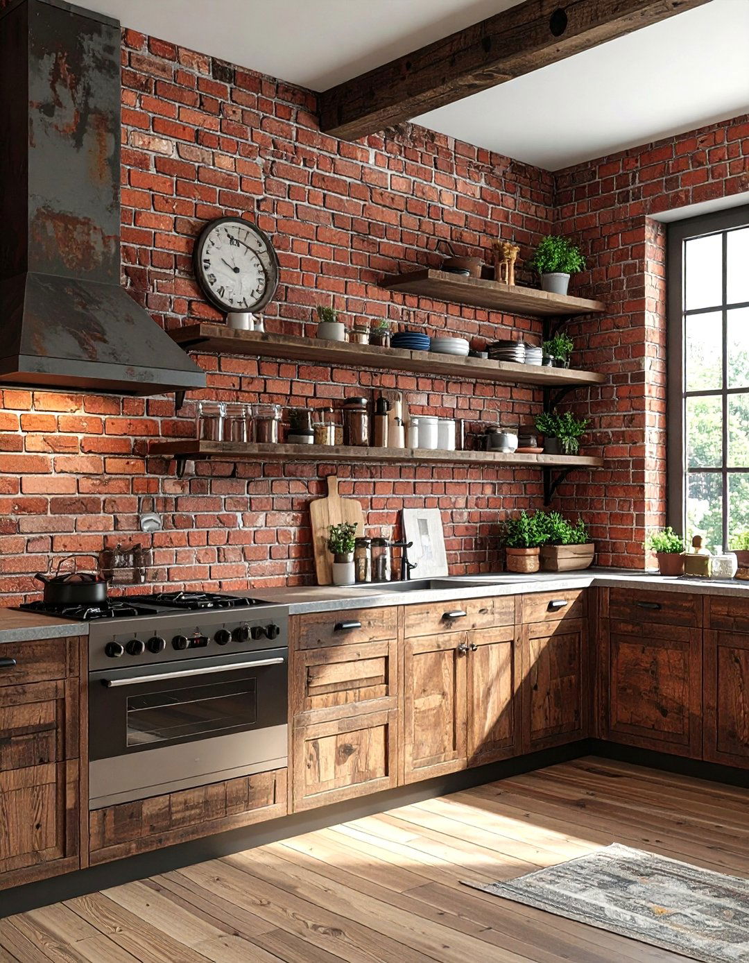 Exposed Brick Accent Wall - 30 American country kitchen ideas