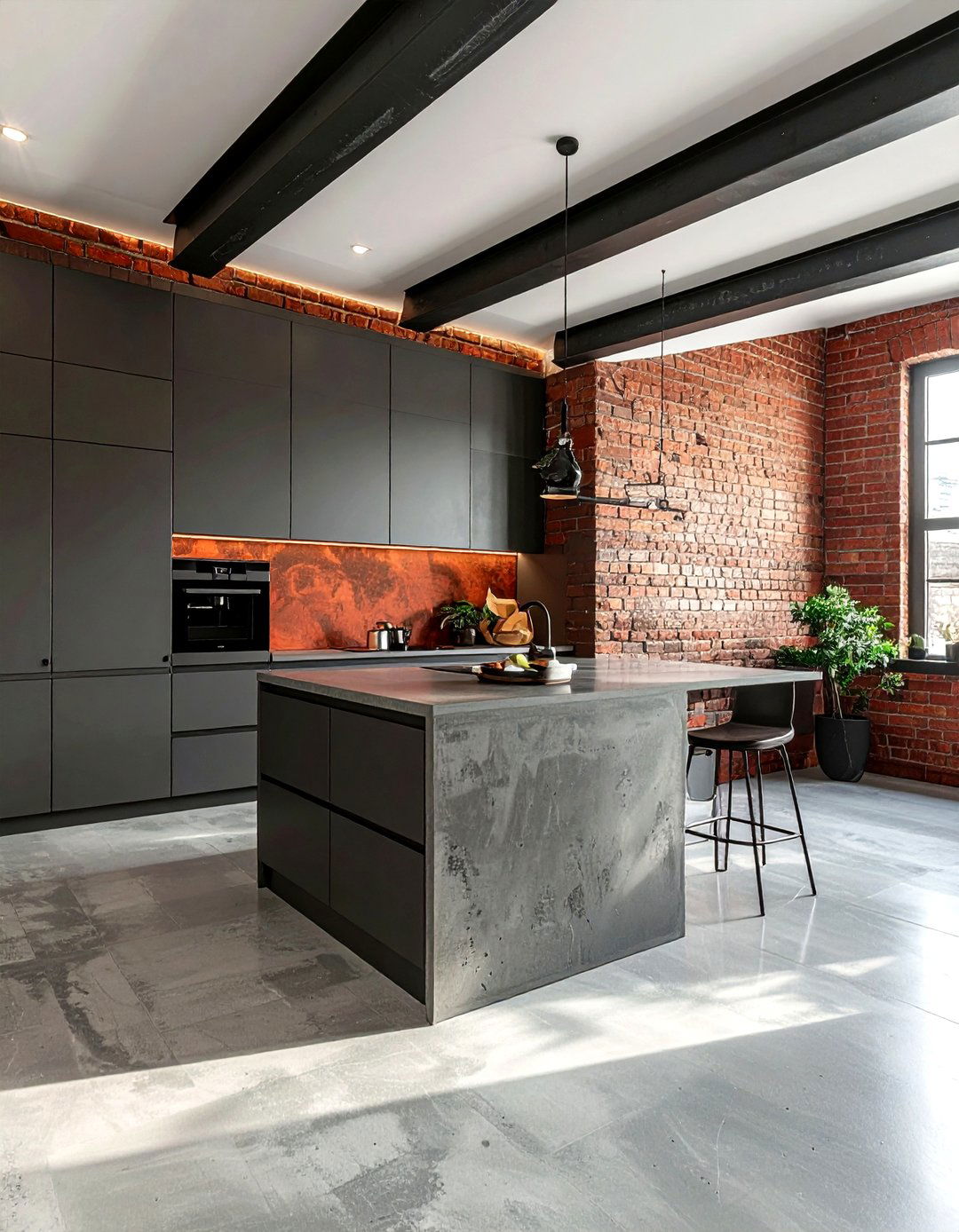 Exposed Brick Concrete Kitchen - 30 polished concrete floor kitchen ideas