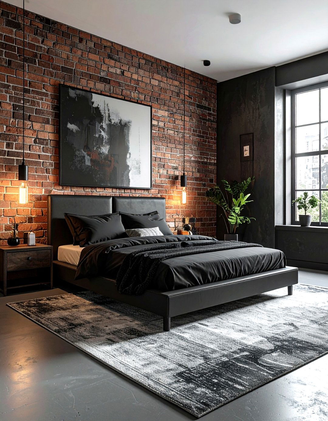 Exposed Brick Wall - 30 industrial black bedroom ideas