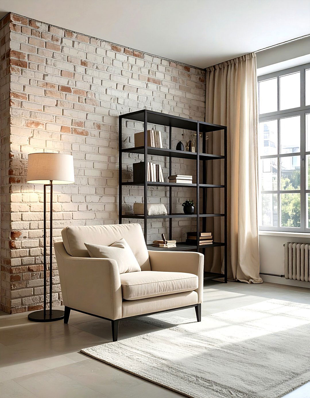 Exposed Brick Wall Beige Living Room - 30 industrial beige living room ideas