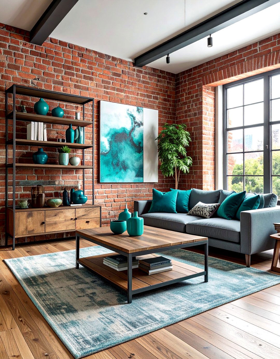 Exposed Brick Wall Teal Accents - 30 industrial teal living room ideas