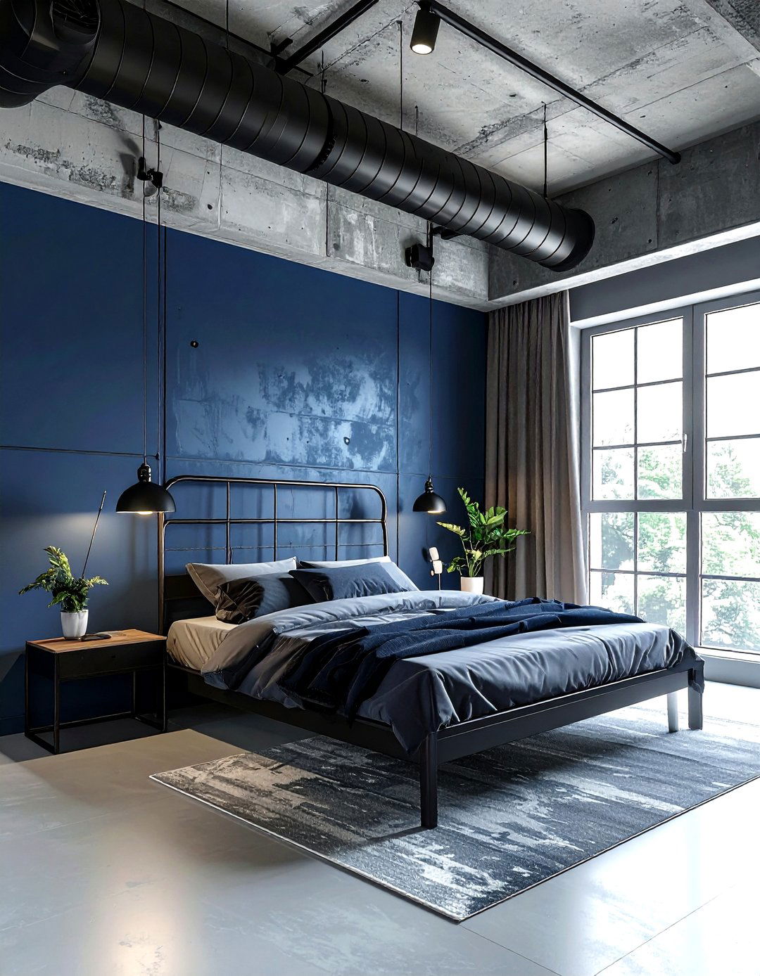 Exposed Ductwork Industrial Navy Bedroom - 30 industrial navy bedroom ideas