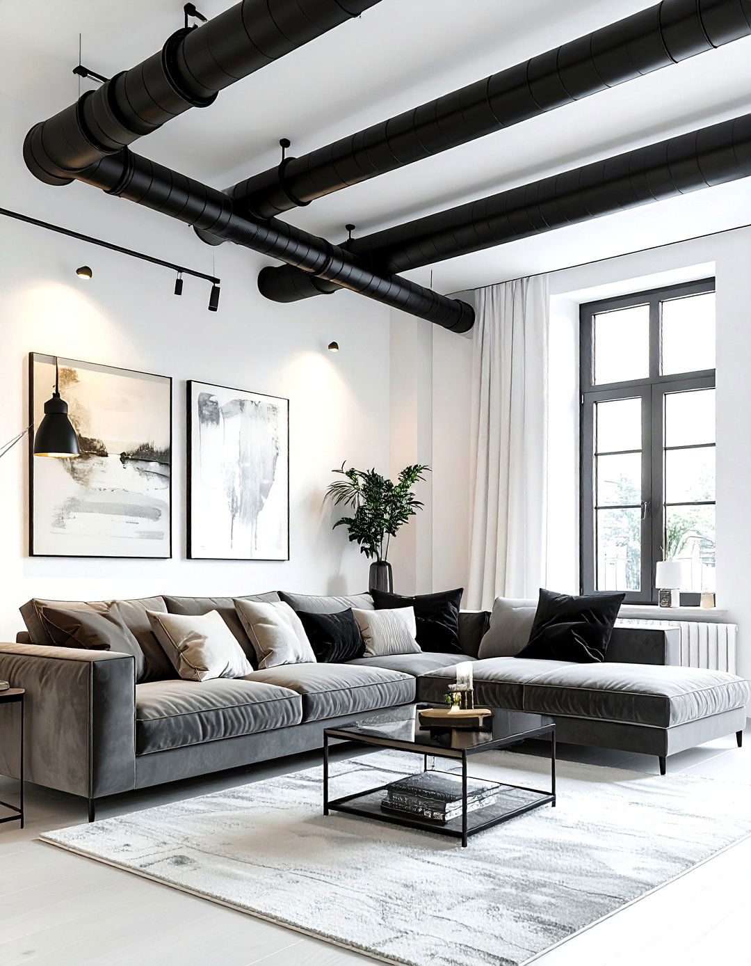 Exposed Pipes Decor - 30 industrial white living room ideas
