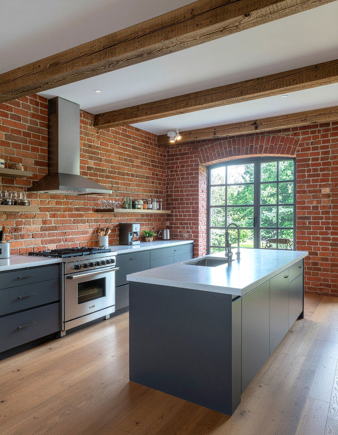Exposed Red Brick Kitchen - 30 kitchen accent wall ideas