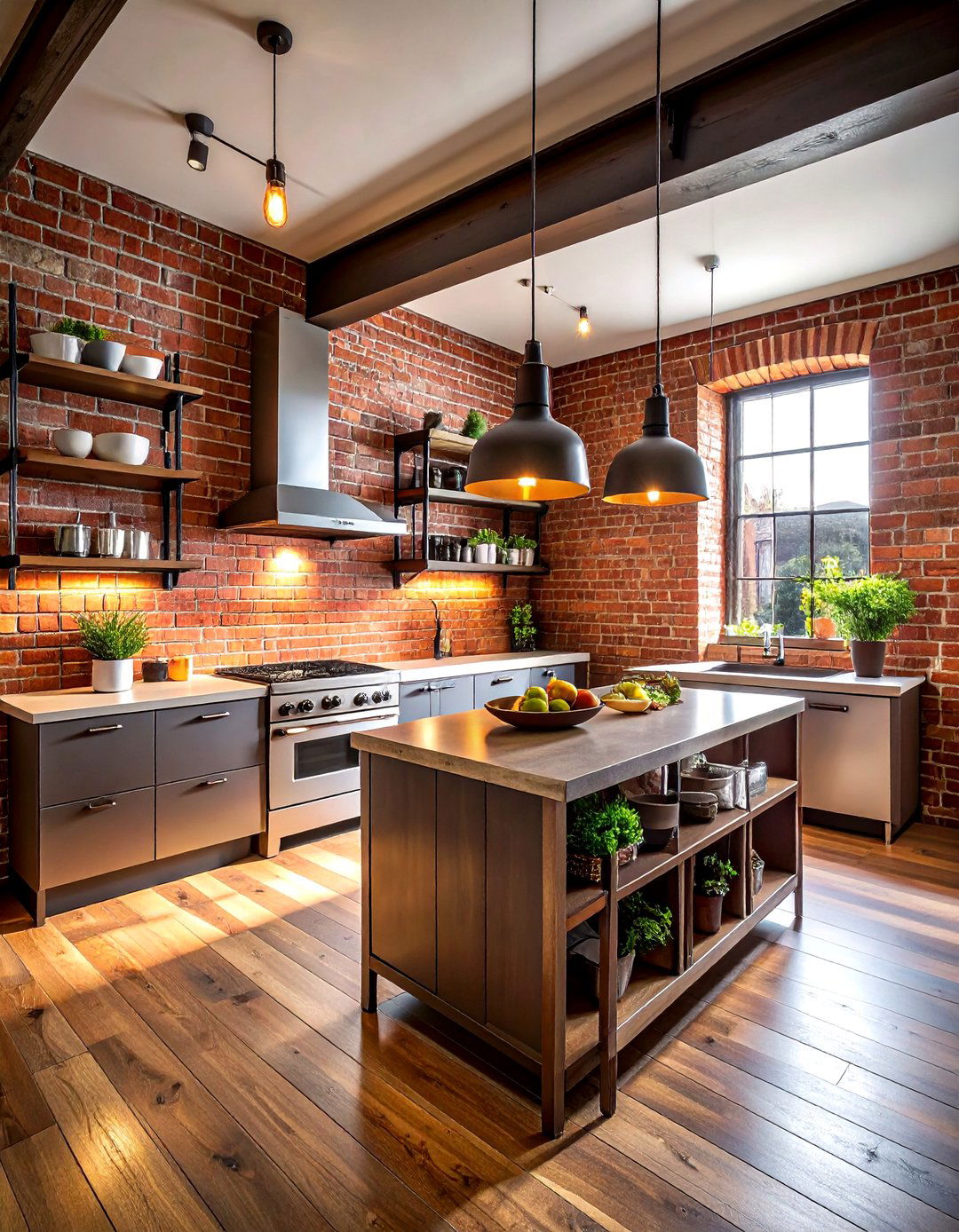 Exposed Red Brick Wall - 30 commercial style kitchen ideas