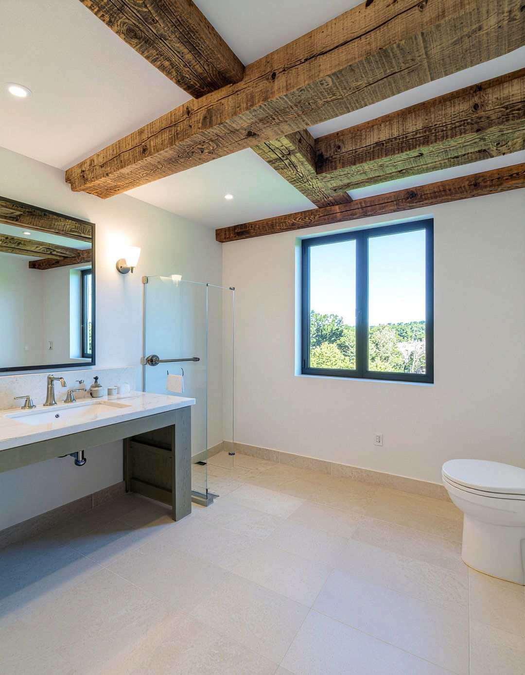 Exposed Wood Ceiling Beams - 30 rustic modern bathroom ideas