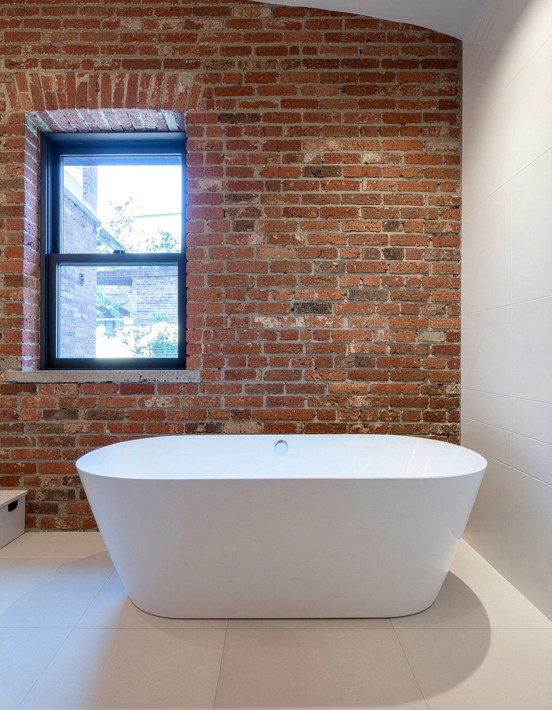 Exposed brick and modern tile - 30 bathroom material mixing ideas