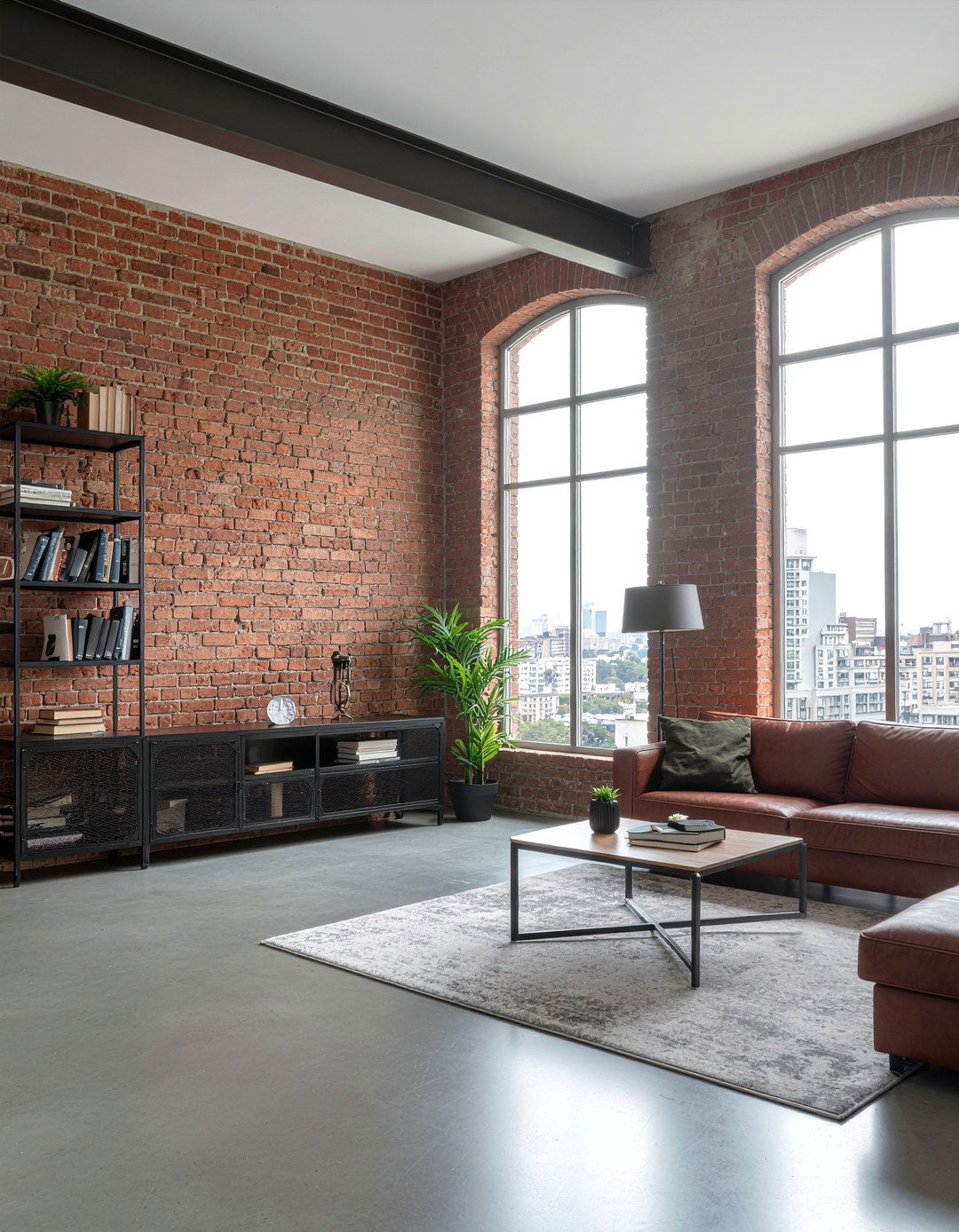 Exposed brick and steel living room - 30 mixed material living room ideas