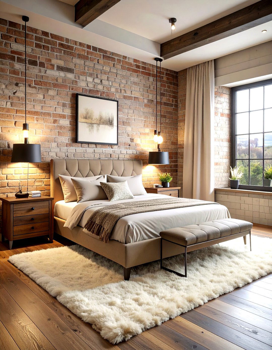Exposed brick beige bedroom - 30 industrial beige bedroom ideas