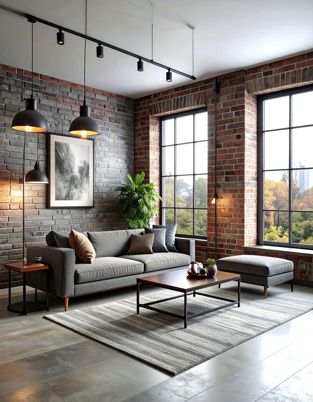 Exposed brick grey living room - 30 industrial grey living room ideas