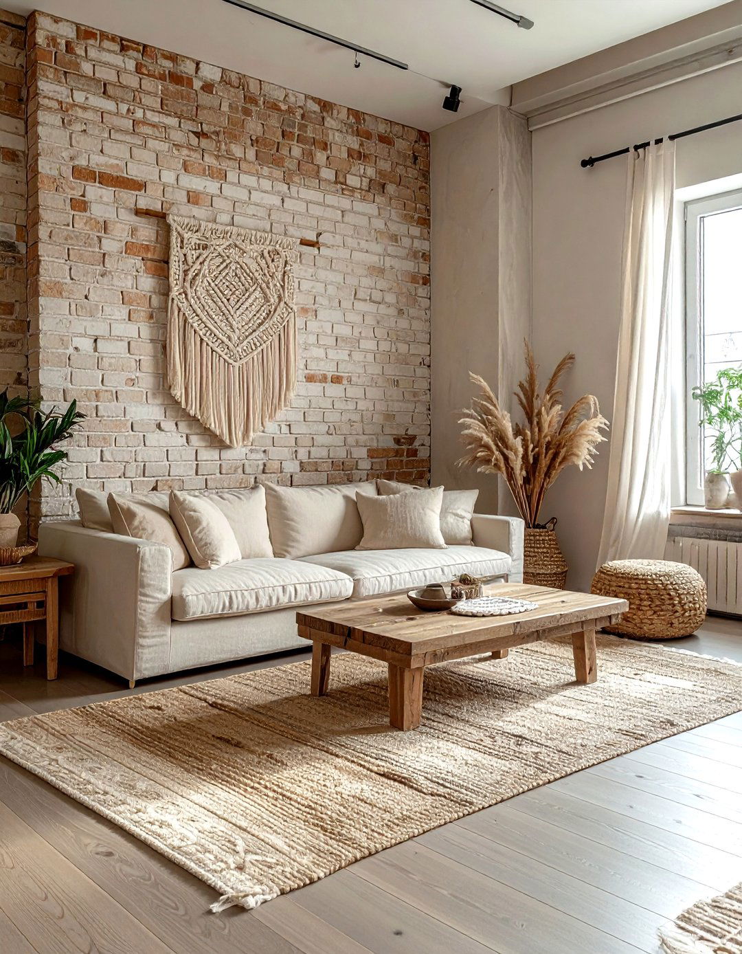 Exposed brick living room - 30 bohemian beige living room ideas