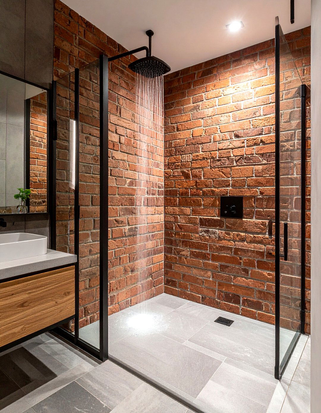 Exposed brick shower wall - 30 brick accent wall bathroom ideas