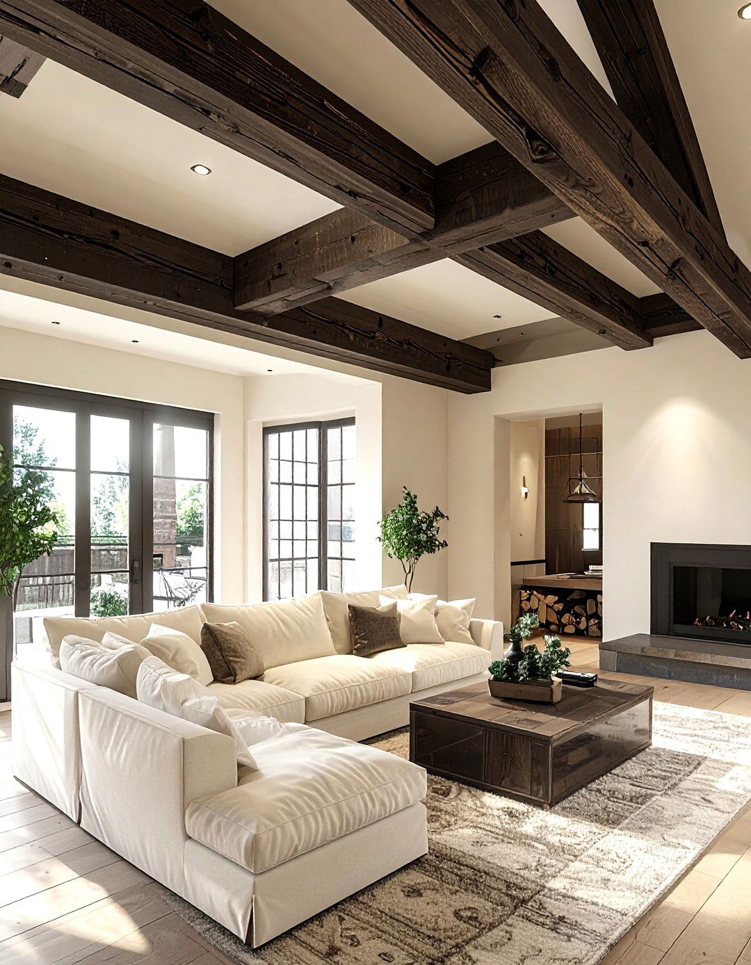 Exposed ceiling beams cream - 30 industrial cream living room ideas