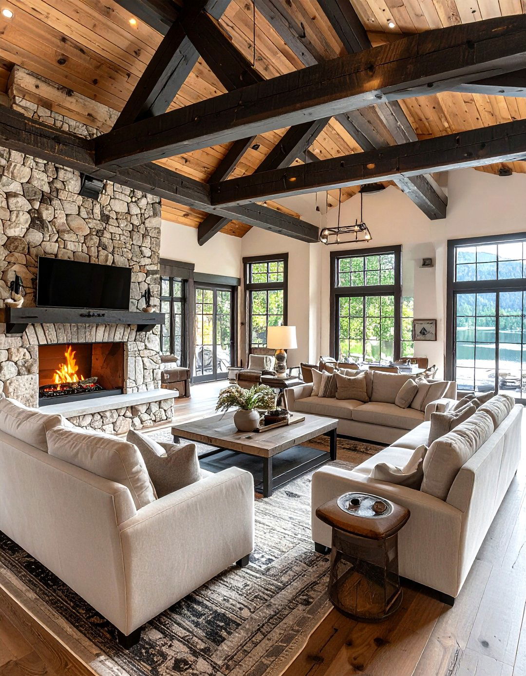 Exposed ceiling beams living room - 30 living room lake house furniture ideas