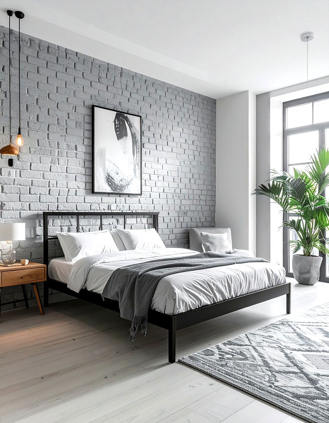 Exposed grey brick wall - 30 scandinavian grey bedroom ideas