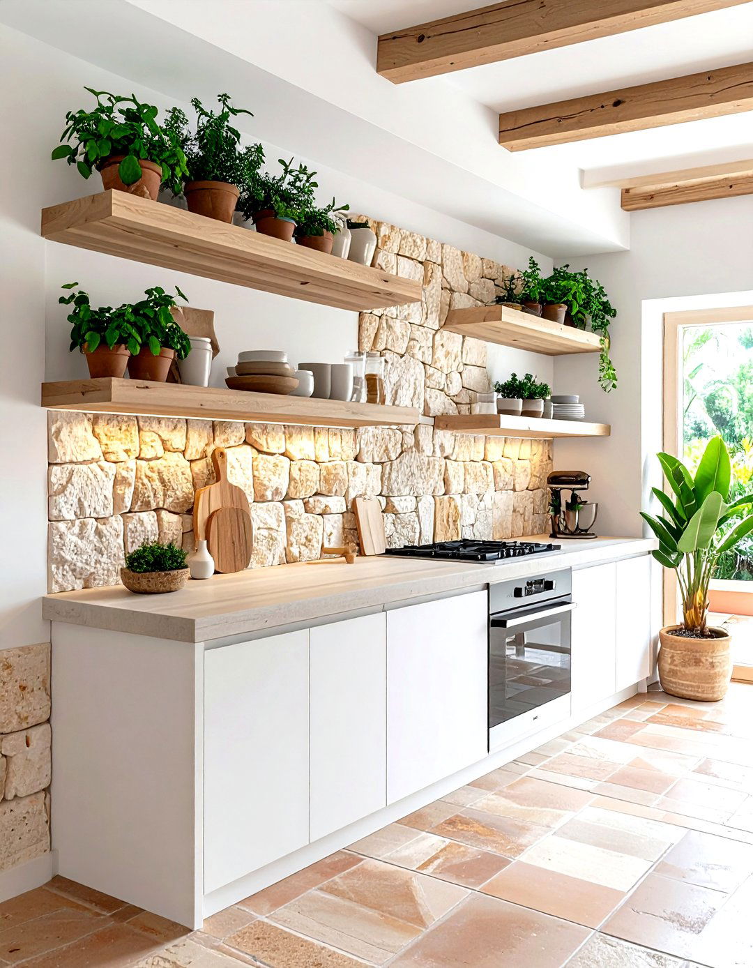 Exposed limestone kitchen wall - 30 kitchen stone wall ideas
