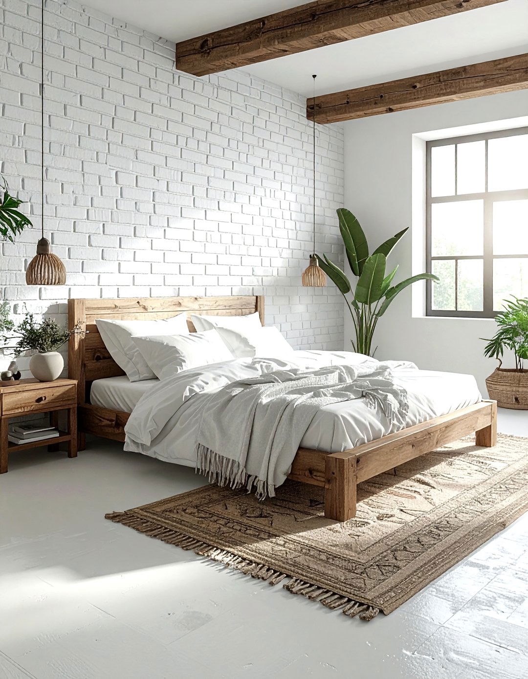 Exposed white brick - 30 bohemian white bedroom ideas