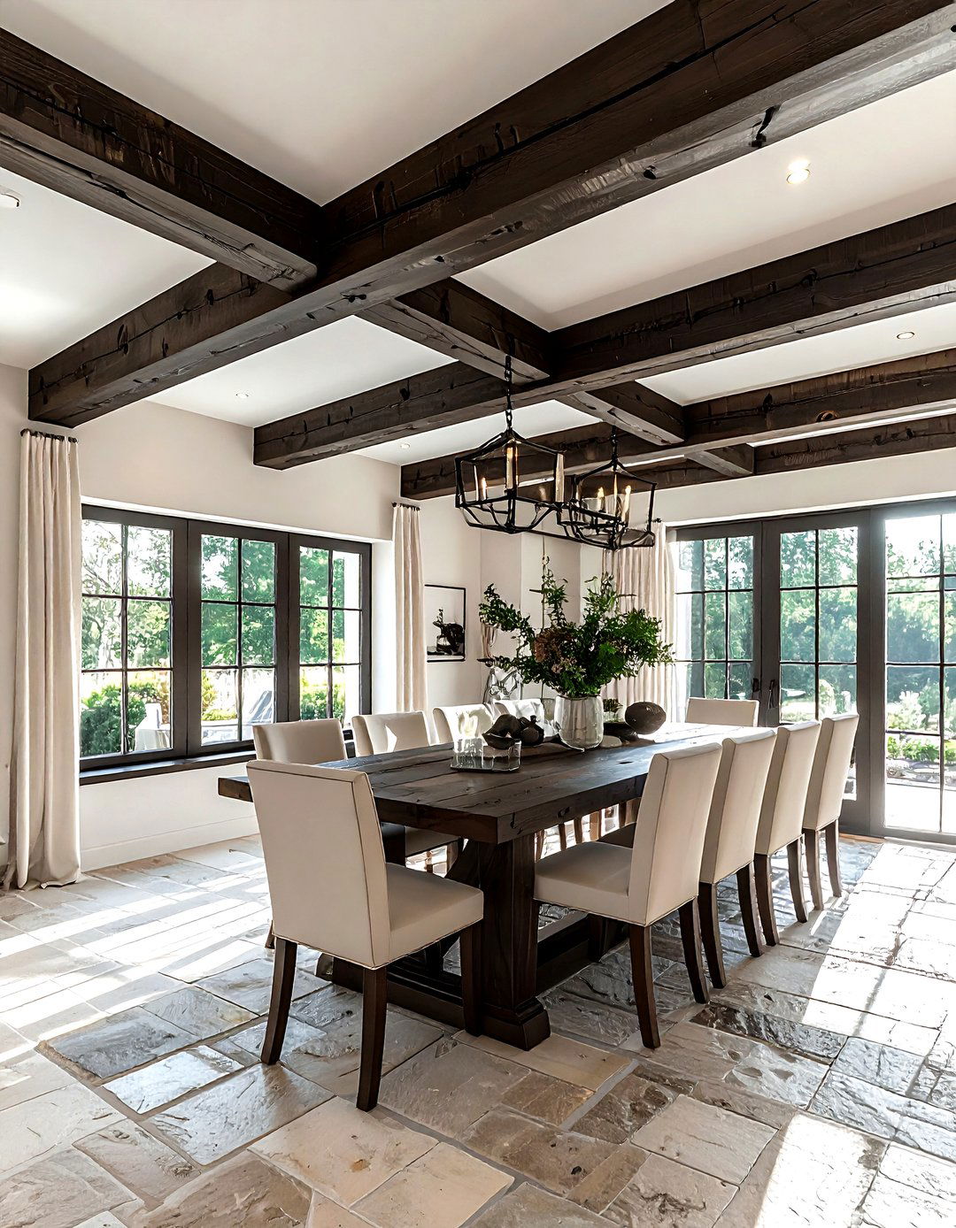 Exposed wood ceiling beams - 30 French farmhouse dining room ideas