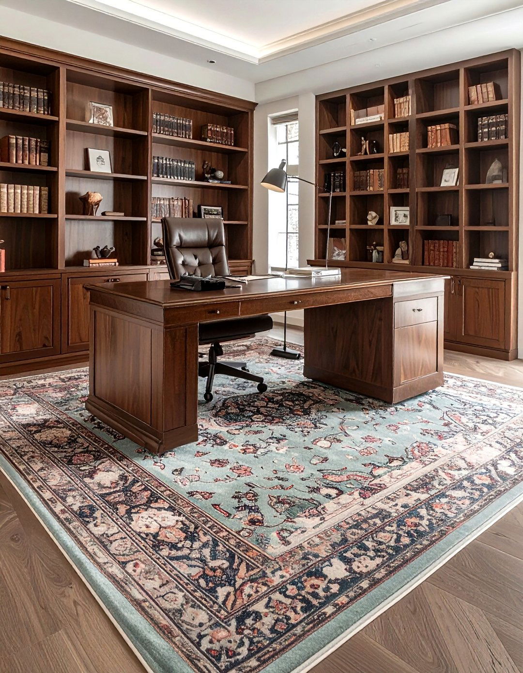 Faded Oushak rug home office - 30 Turkish rug ideas