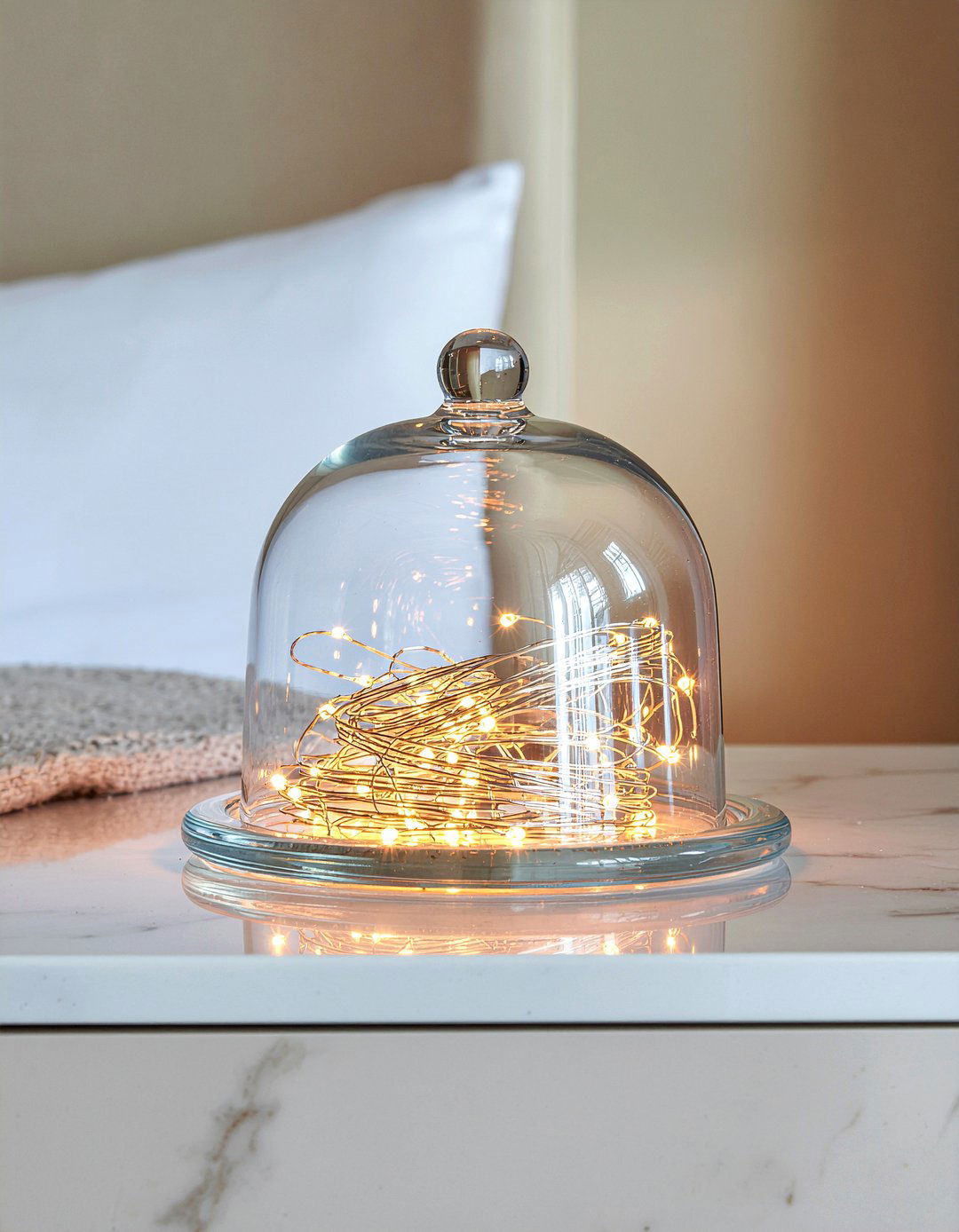 Fairy lights in glass dome - 30 bedroom fairy lights ideas