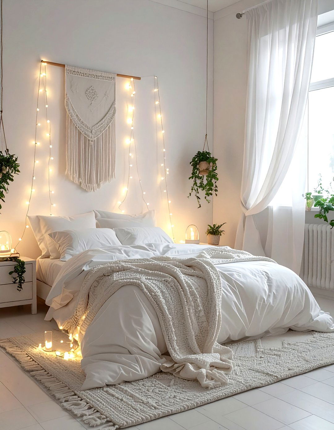 Fairy lights over bed - 30 bohemian white bedroom ideas