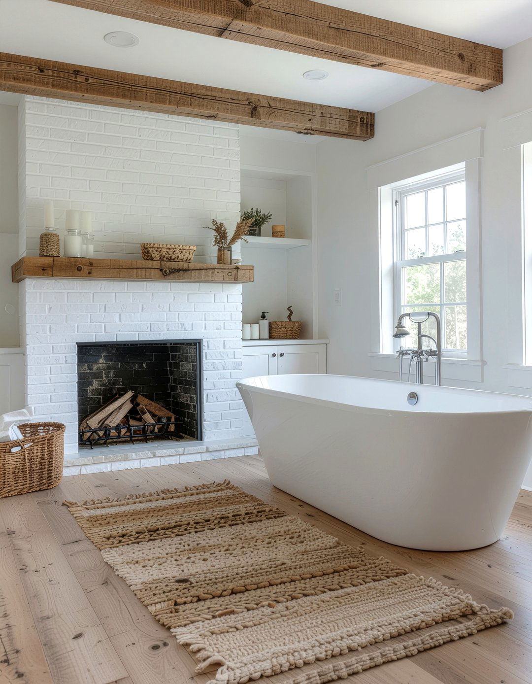Farmhouse Bathroom With White Brick Fireplace - 30 freestanding tub with fireplace ideas