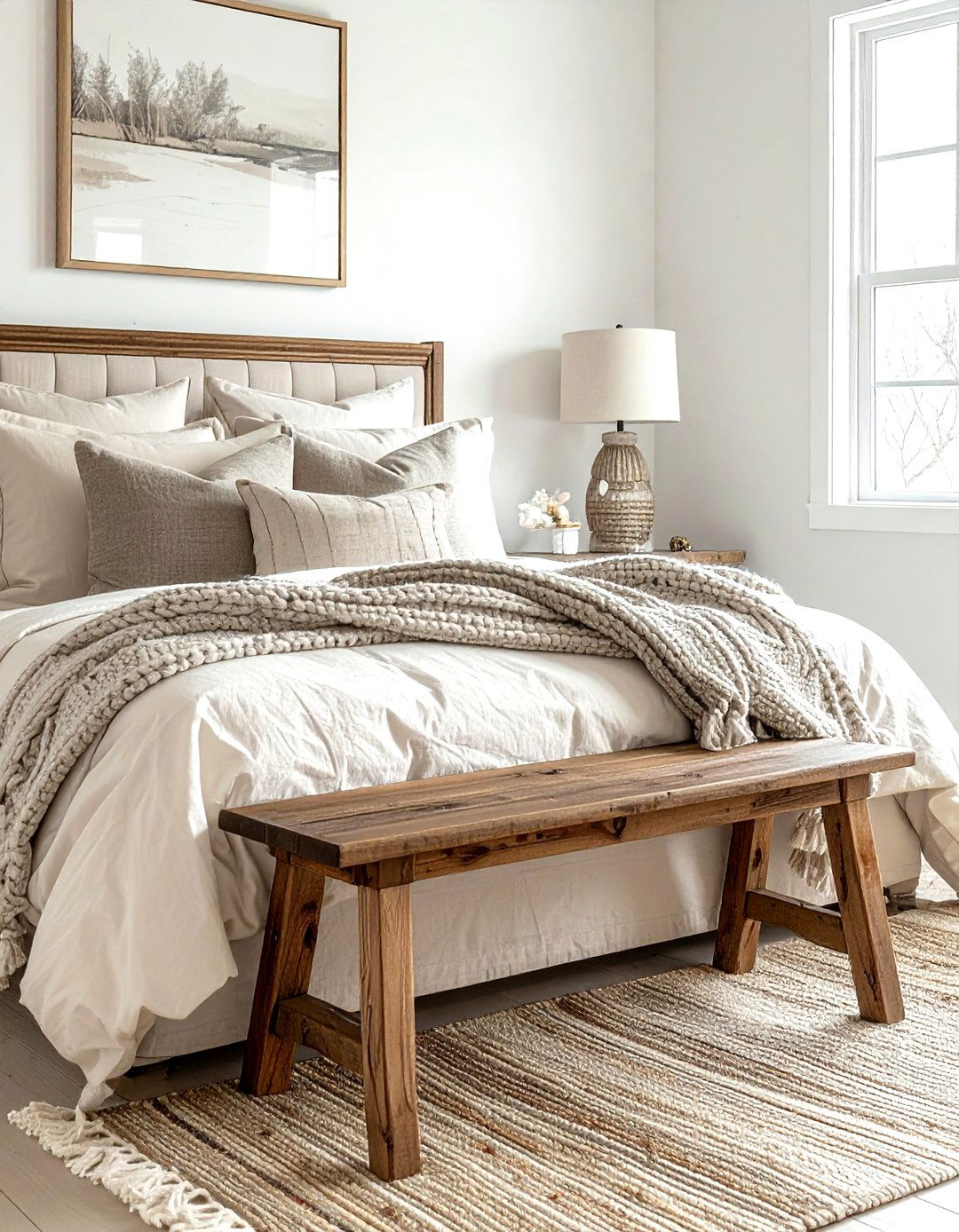 Farmhouse Bench Setup - 30 farmhouse cream bedroom ideas