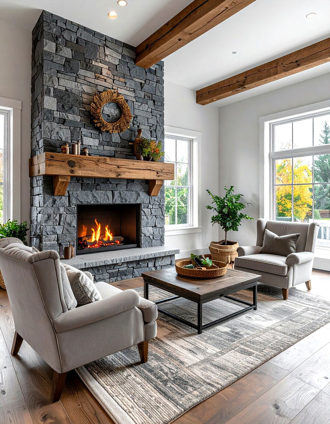 Farmhouse Living Room With Grey Stone Fireplace - 30 farmhouse grey living room ideas