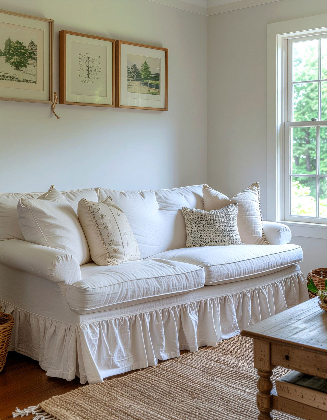 Farmhouse Ruffled Sofa Cover - 30 living room washable slipcover ideas
