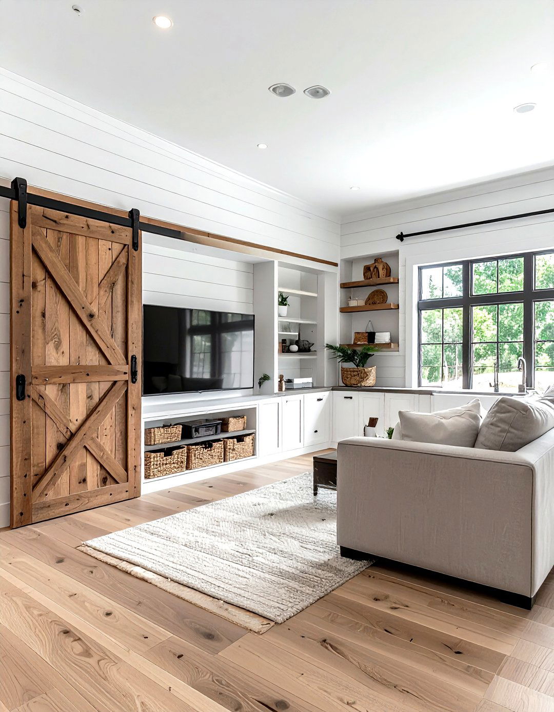 Farmhouse Style Built In With Sliding Barn Doors - 30 living room built-in entertainment center