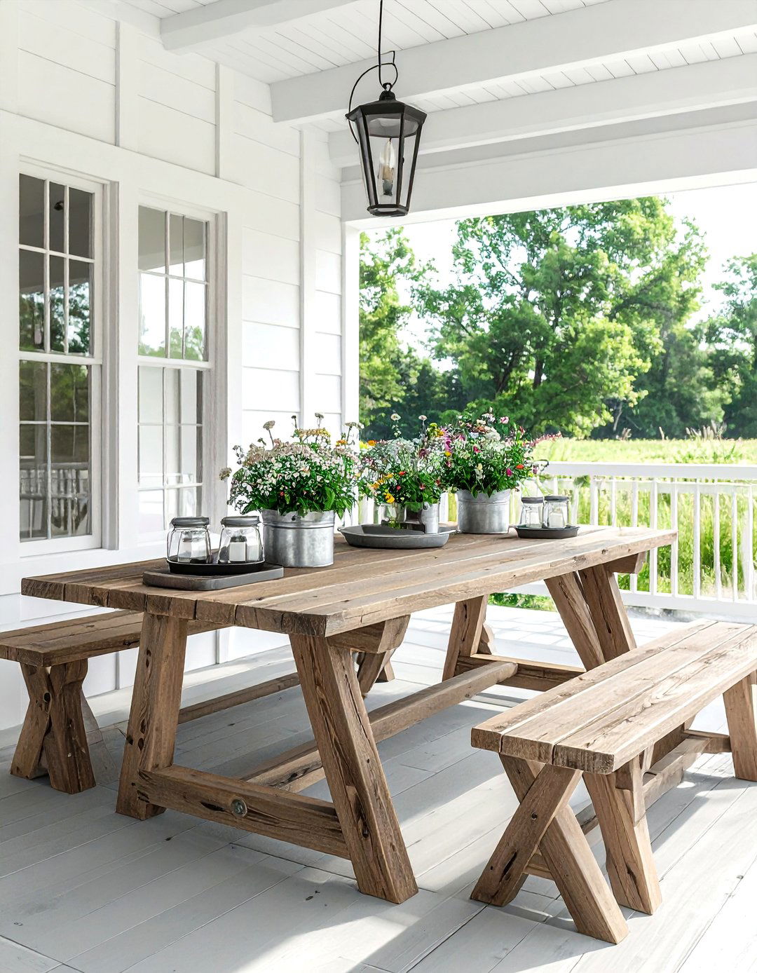 Farmhouse Trestle Table Porch - 30 screened porch dining ideas