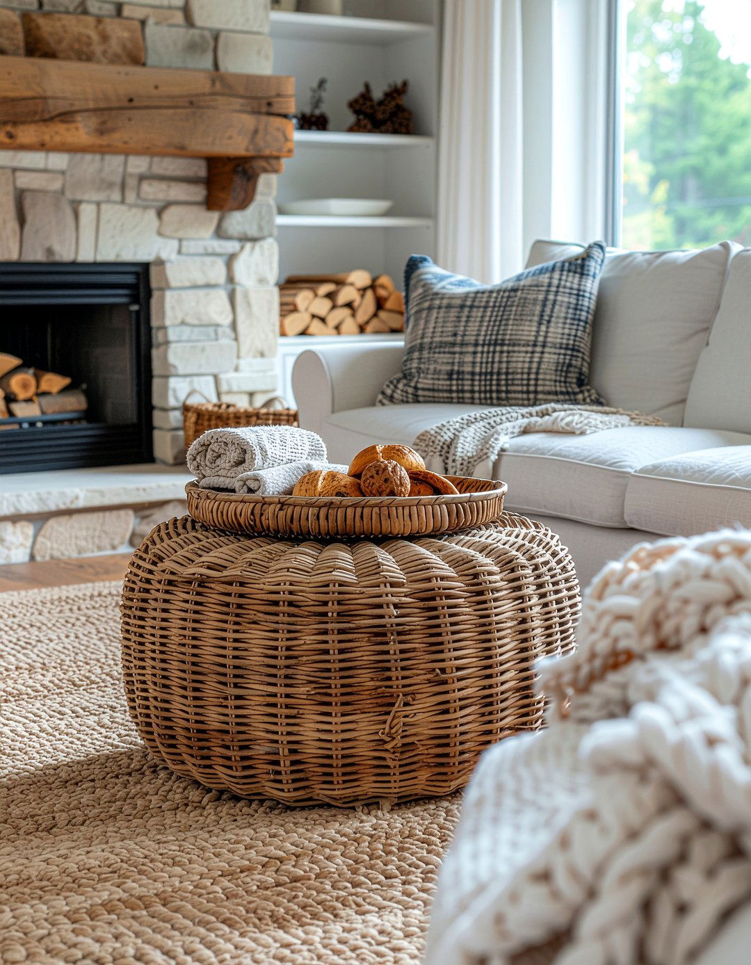 Farmhouse Wicker Ottoman - 30 living room woven ottoman ideas