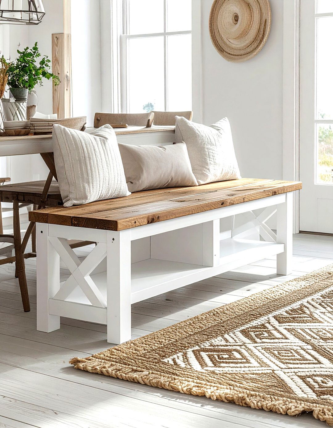 Farmhouse X Frame Storage Bench - 30 storage dining bench ideas