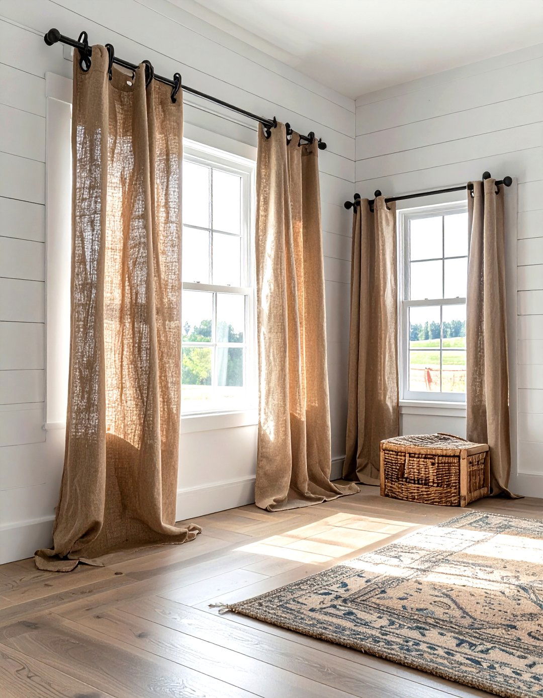 Farmhouse burlap window coverings - 30 drape ideas