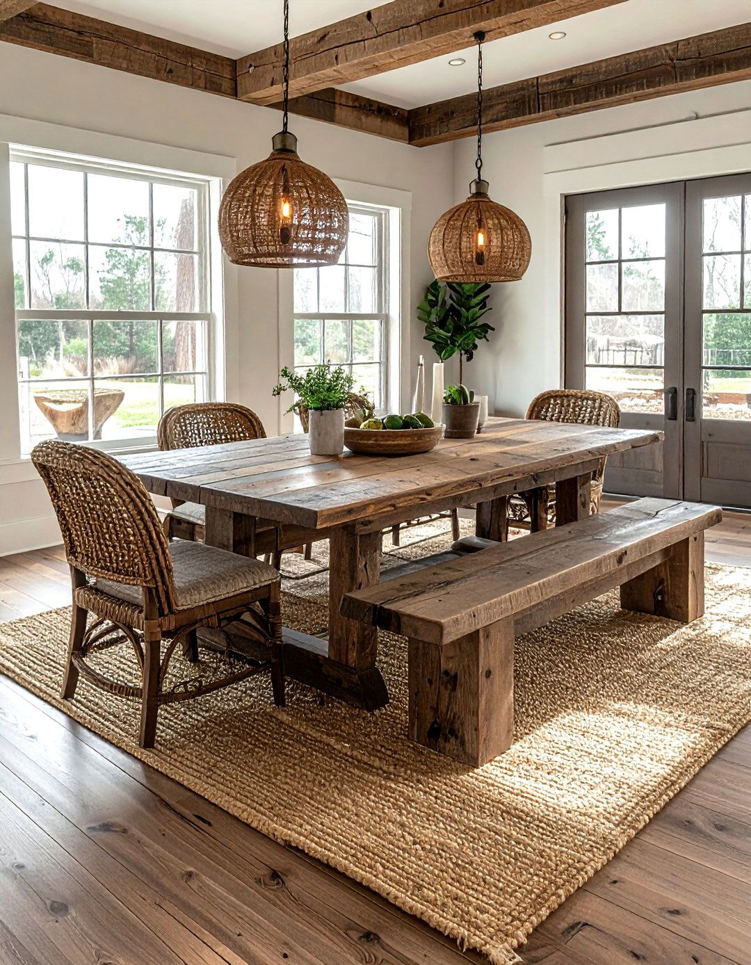 Farmhouse dining table with benches - 30 dining room furniture arrangement