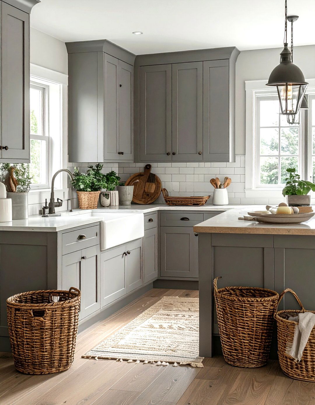 Farmhouse grey kitchen with wicker baskets - 30 grey kitchen accessories ideas
