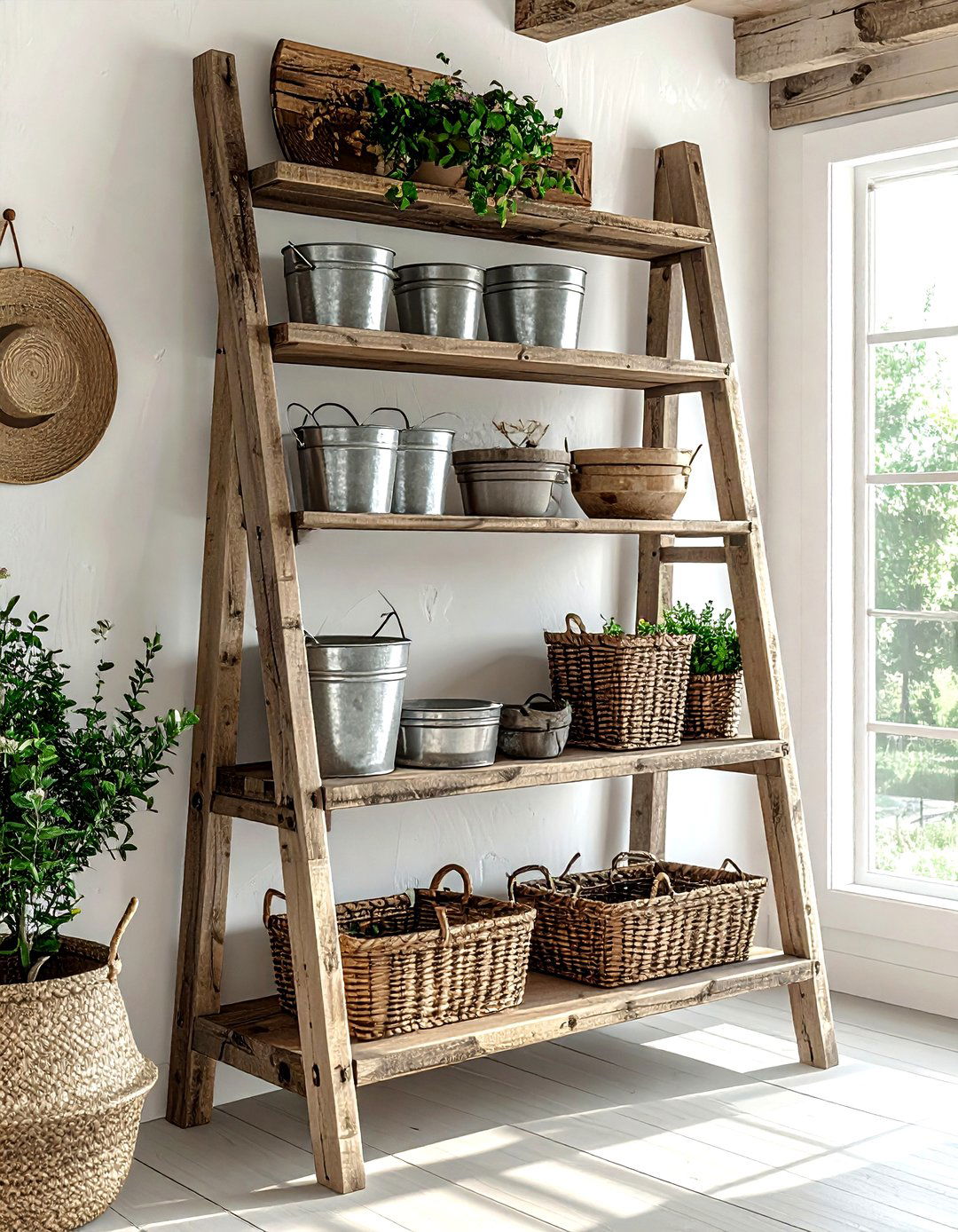 Farmhouse ladder shelf - 30 living room ladder shelf ideas
