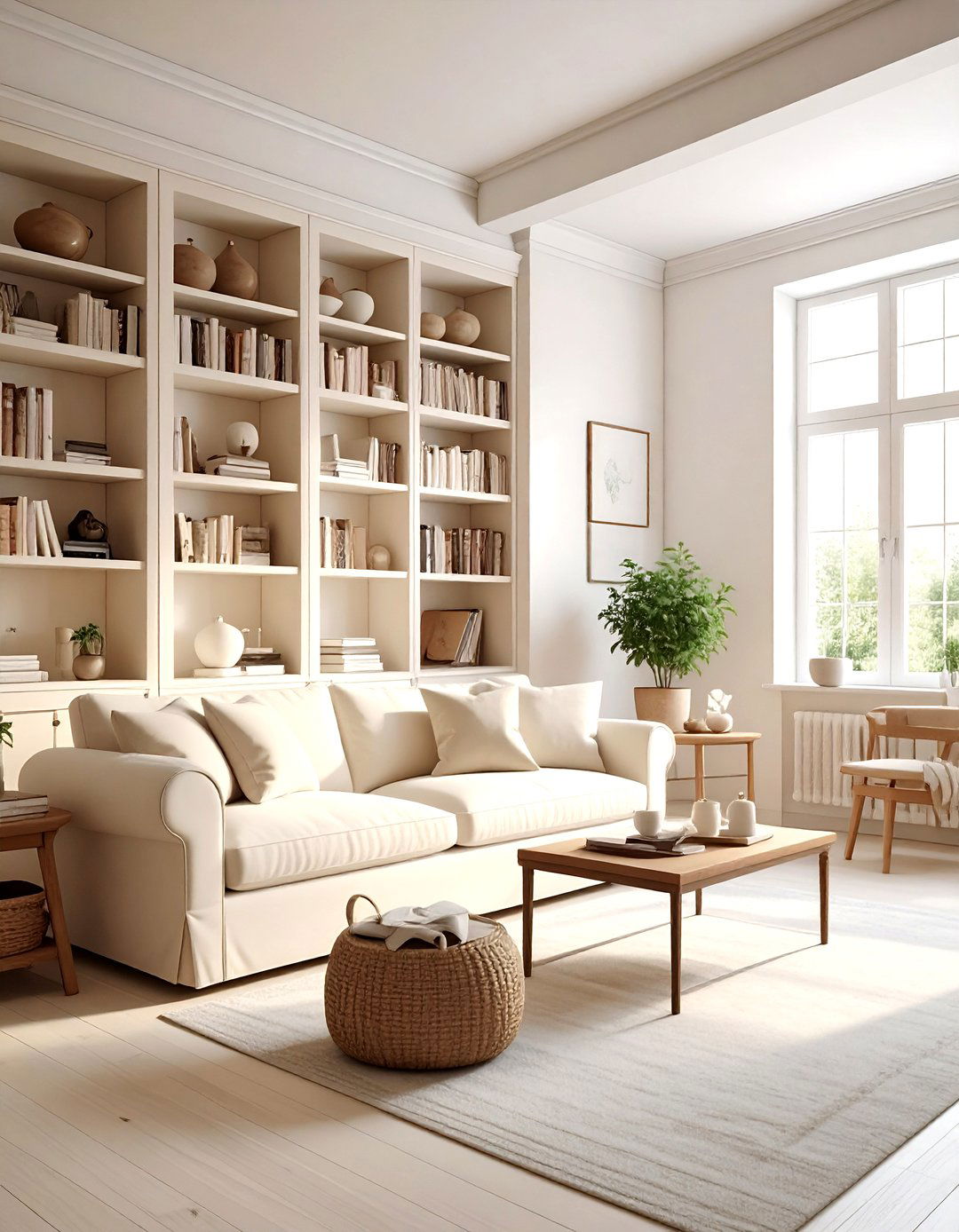 Farmhouse living room built in shelves - 30 farmhouse cream living room ideas