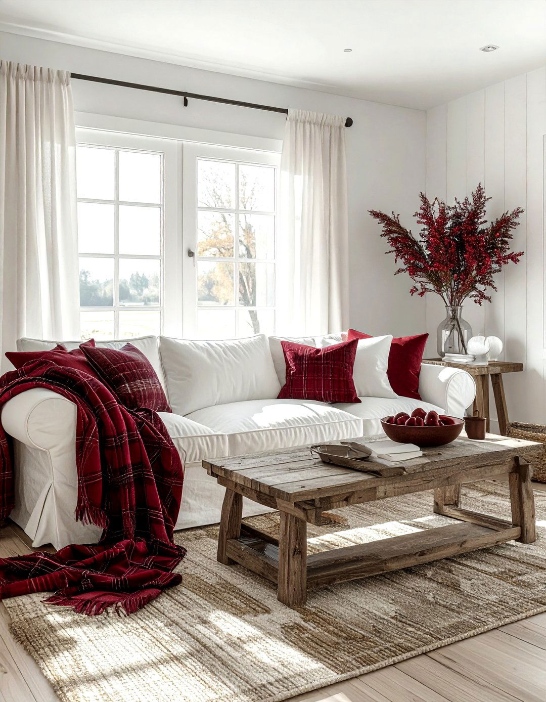 Farmhouse living room burgundy textiles - 30 burgundy and white living room ideas