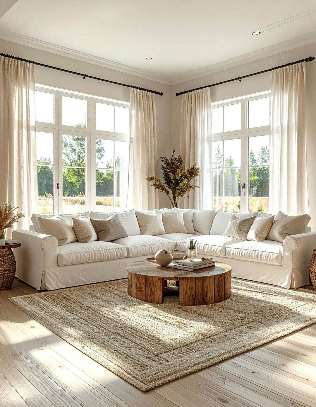 Farmhouse living room linen curtains - 30 farmhouse cream living room ideas