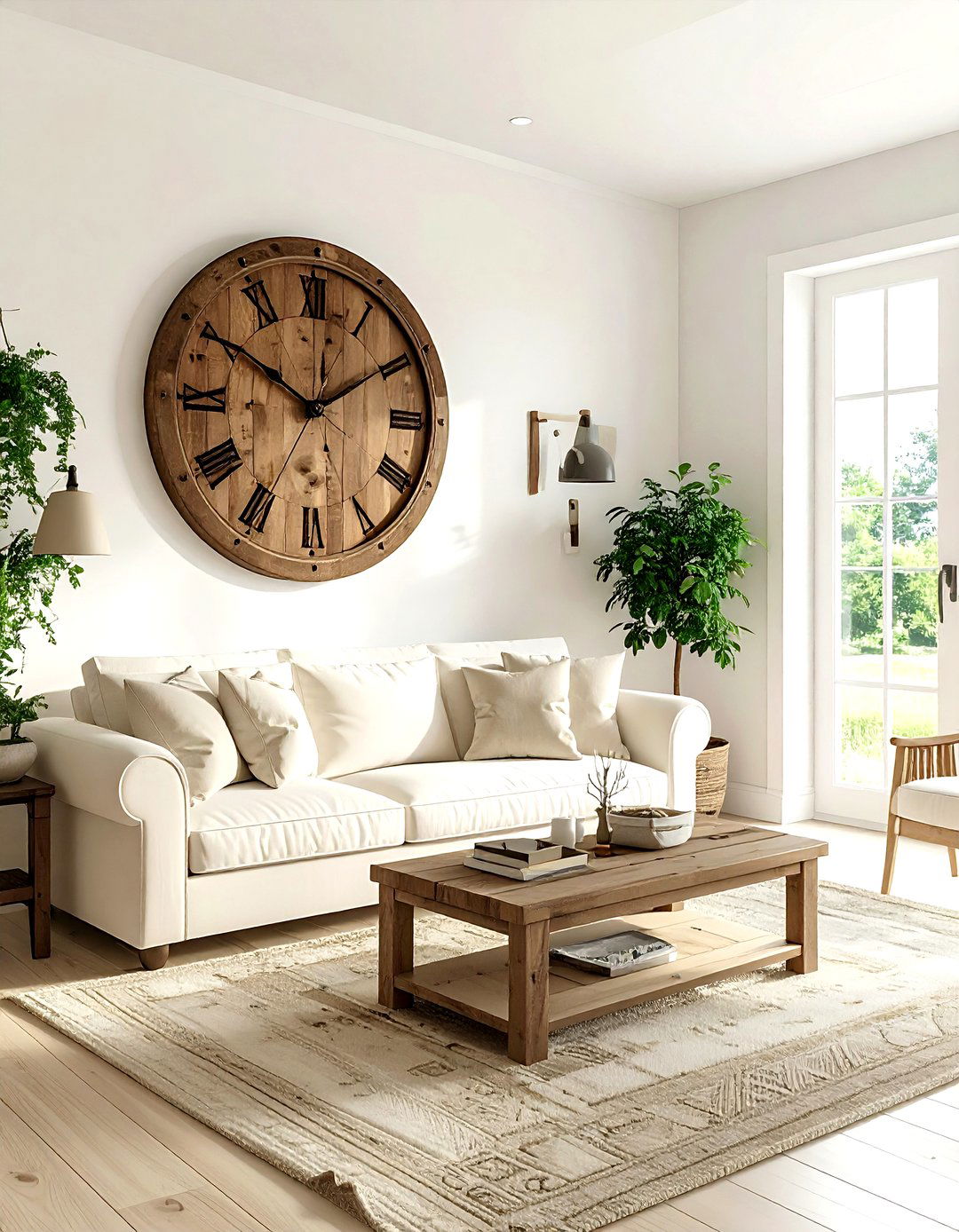 Farmhouse living room oversized clock - 30 farmhouse cream living room ideas