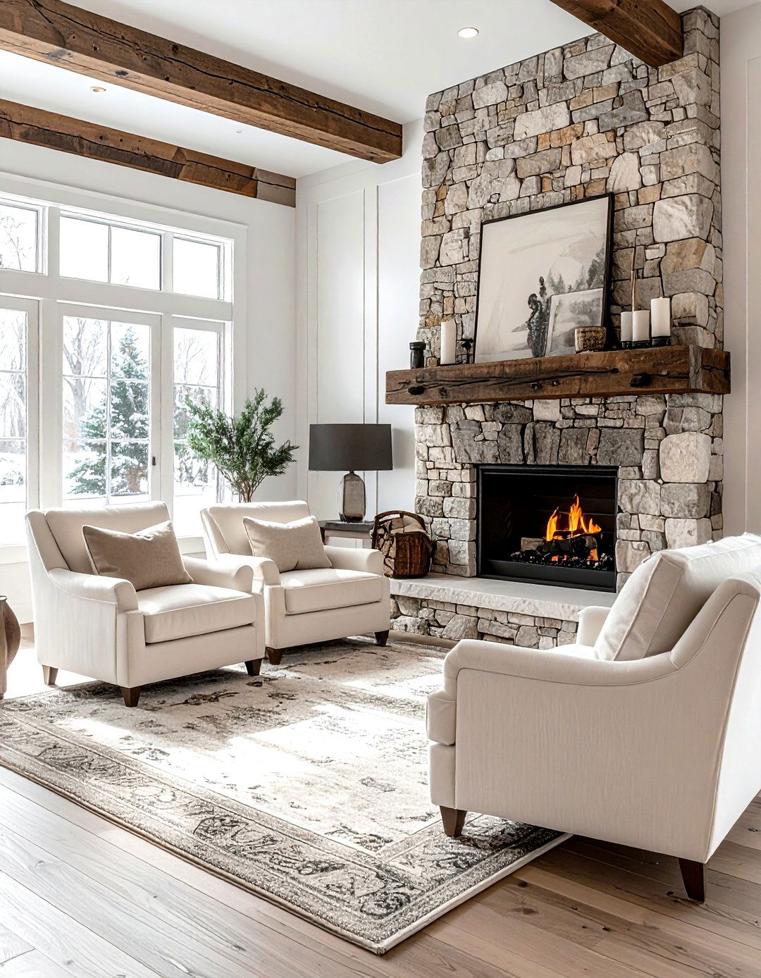Farmhouse living room stone fireplace - 30 farmhouse cream living room ideas