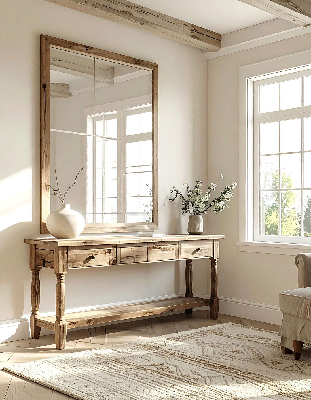 Farmhouse living room window pane mirror - 30 farmhouse cream living room ideas