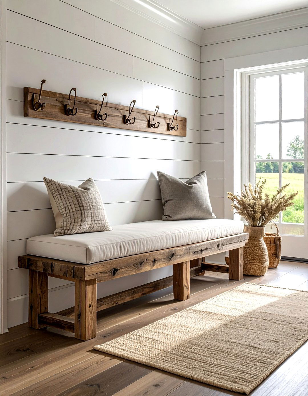 Farmhouse mudroom bench - 30 mudroom decor ideas