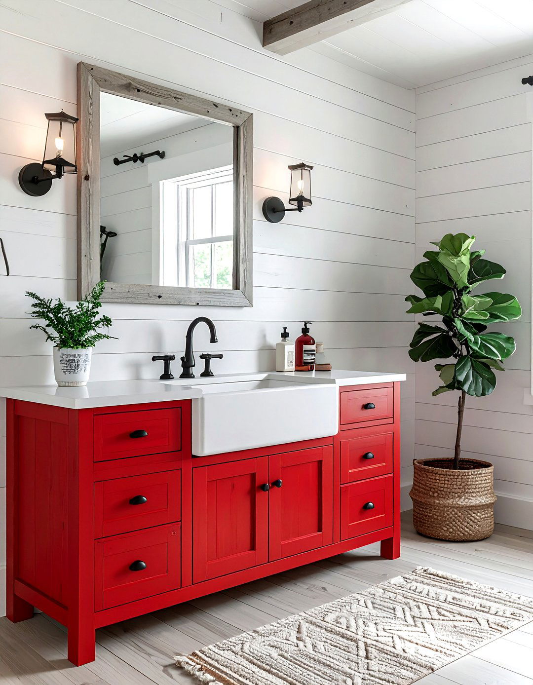 Farmhouse red and white bathroom - 30 red and white bathroom ideas