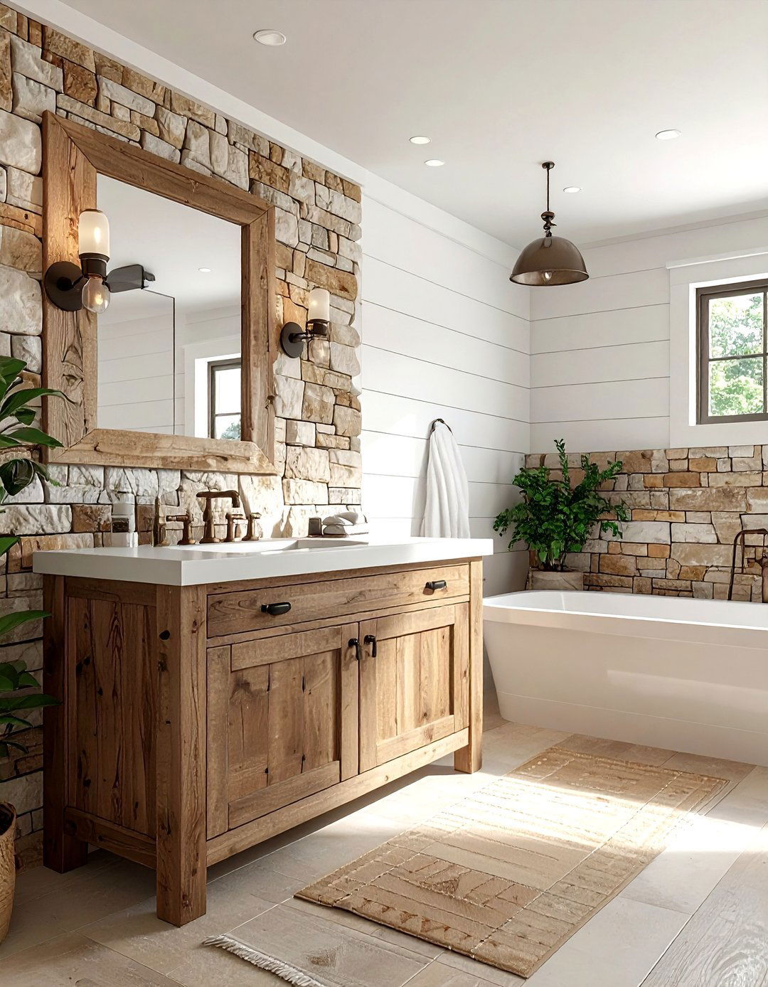 Farmhouse stacked stone bathroom wall - 30 stacked stone bathroom ideas