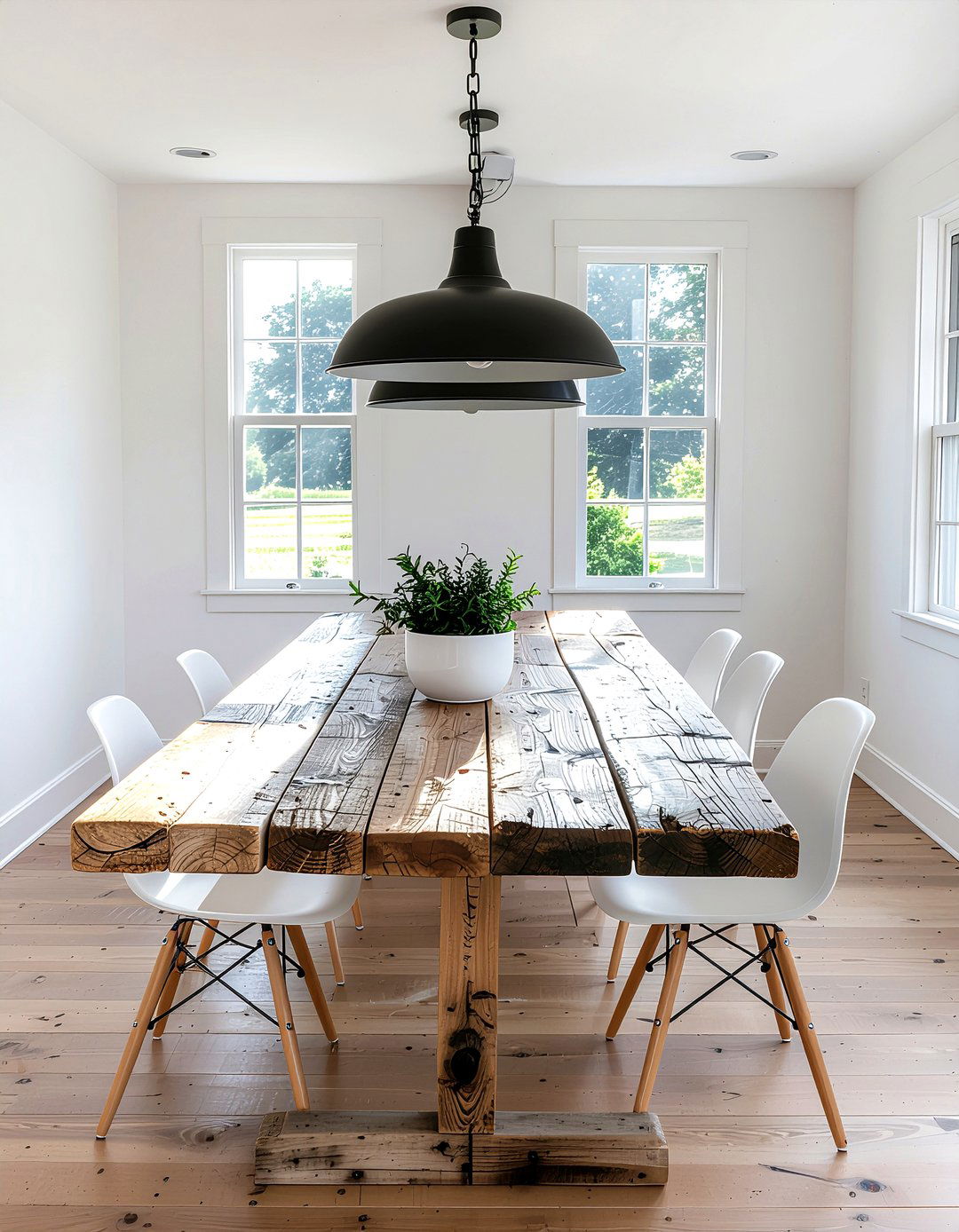 Farmhouse table with modern Eames chairs - 30 Eames dining chair ideas