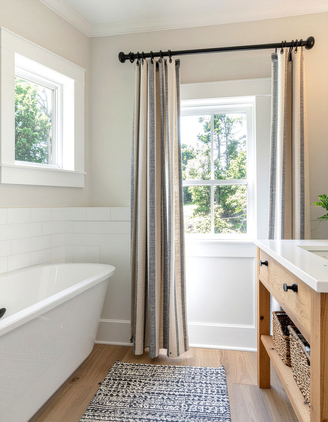 Farmhouse ticking stripe curtain - 30 bathroom curtain ideas
