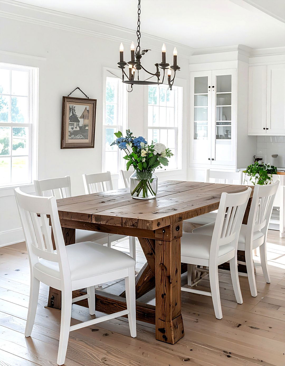 Farmhouse trestle table white seating - 30 brown and white dining room ideas